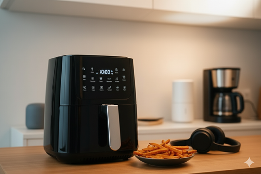 Friggitrice ad aria Cecotec con patatine fritte su un tavolo moderno e attrezzatura da cucina sullo sfondo