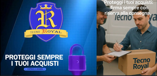 Consegna pacco Tecno Royal con cliente che firma riserva alla consegna per proteggere acquisti