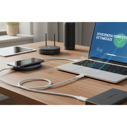 Postazione di lavoro moderna con dispositivo Samsung, laptop e caricatore wireless