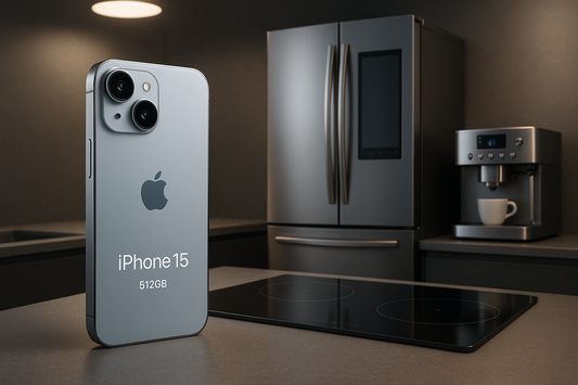 Apple iPhone 15 in grigio sintonizzato su un piano cucina elegante con elettrodomestici moderni