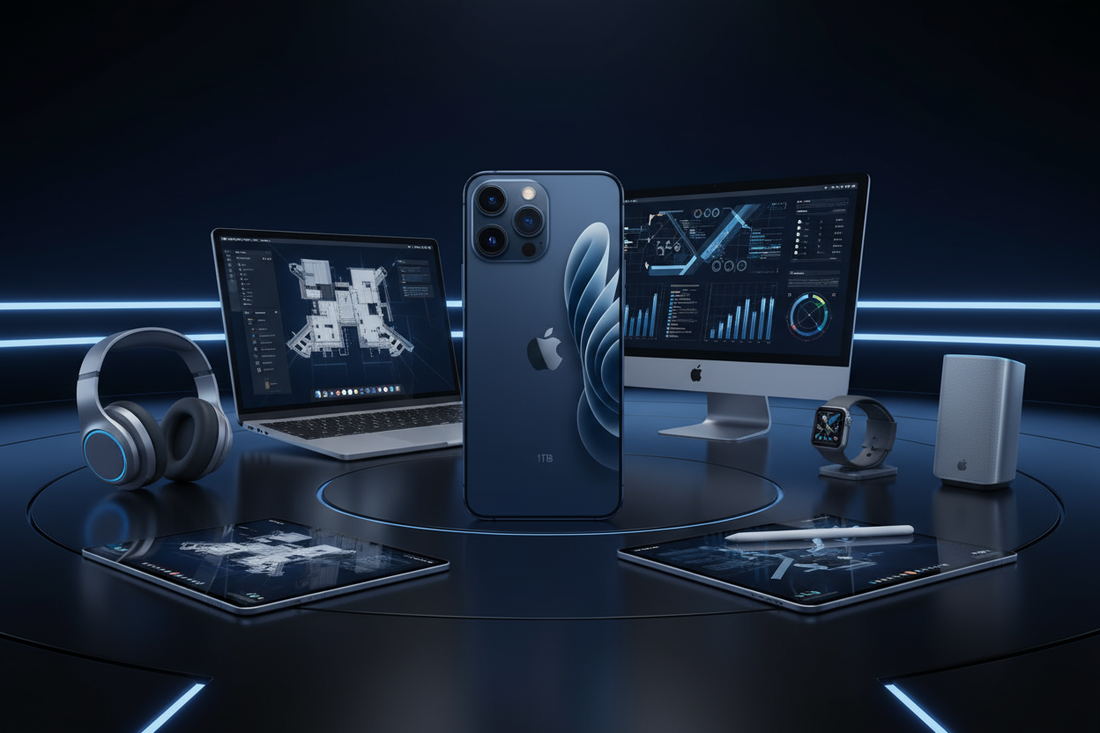 Apple iPhone 17 Pro in un display high-tech con accessori moderni e dispositivi collegati