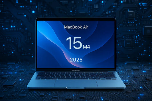 Apple MacBook Air 2025 con display M4 su sfondo di circuiti elettronici