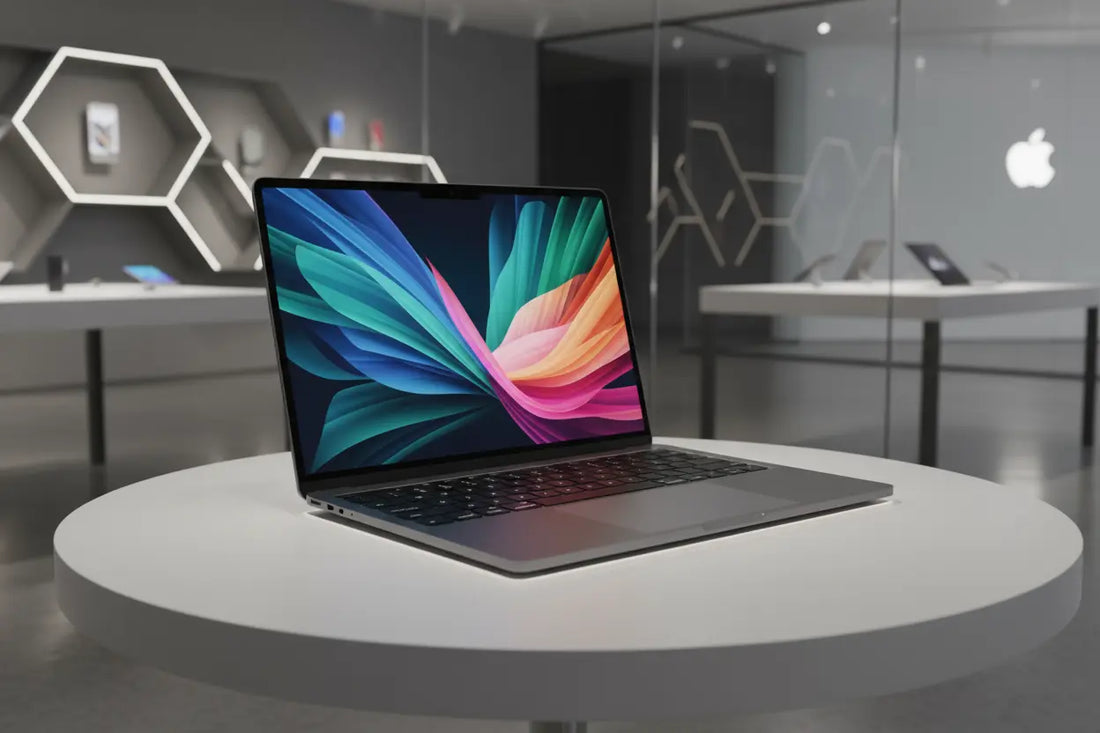 Apple MacBook Air su un tavolo con un display colorato in un ambiente moderno e luminoso