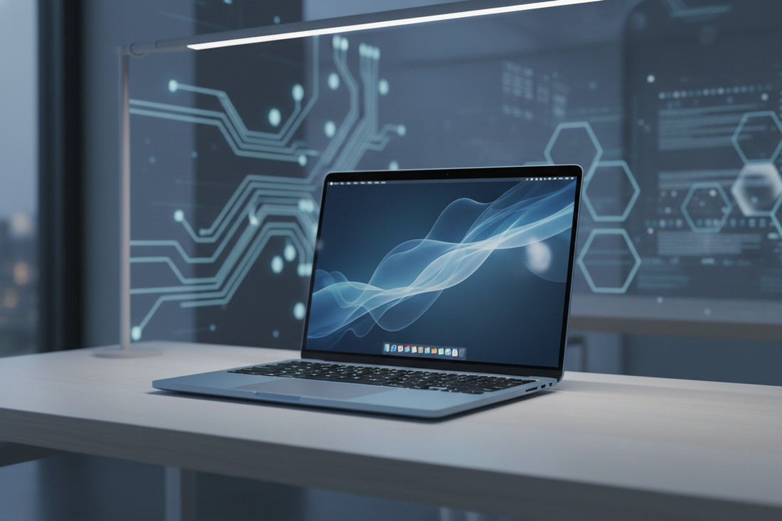 Apple MacBook Air su un tavolo in un ambiente moderno con uno sfondo tecnologico