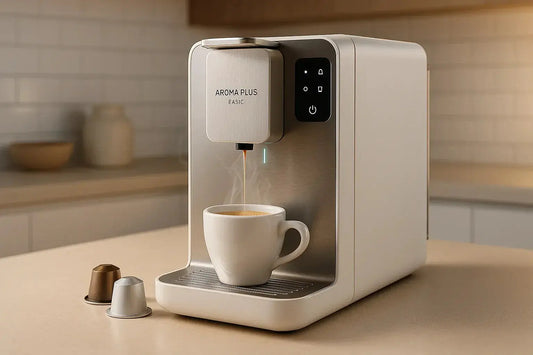 Macchina da Caffè Aroma Plus che prepara un caffè in tazza su un piano cucina moderno