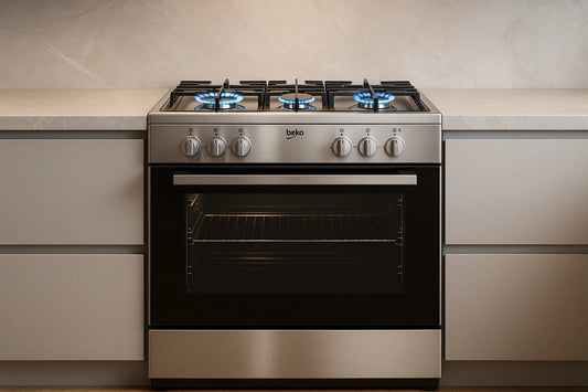 Cucina a gas Beko con fornelli accesi e forno integrato in design moderno