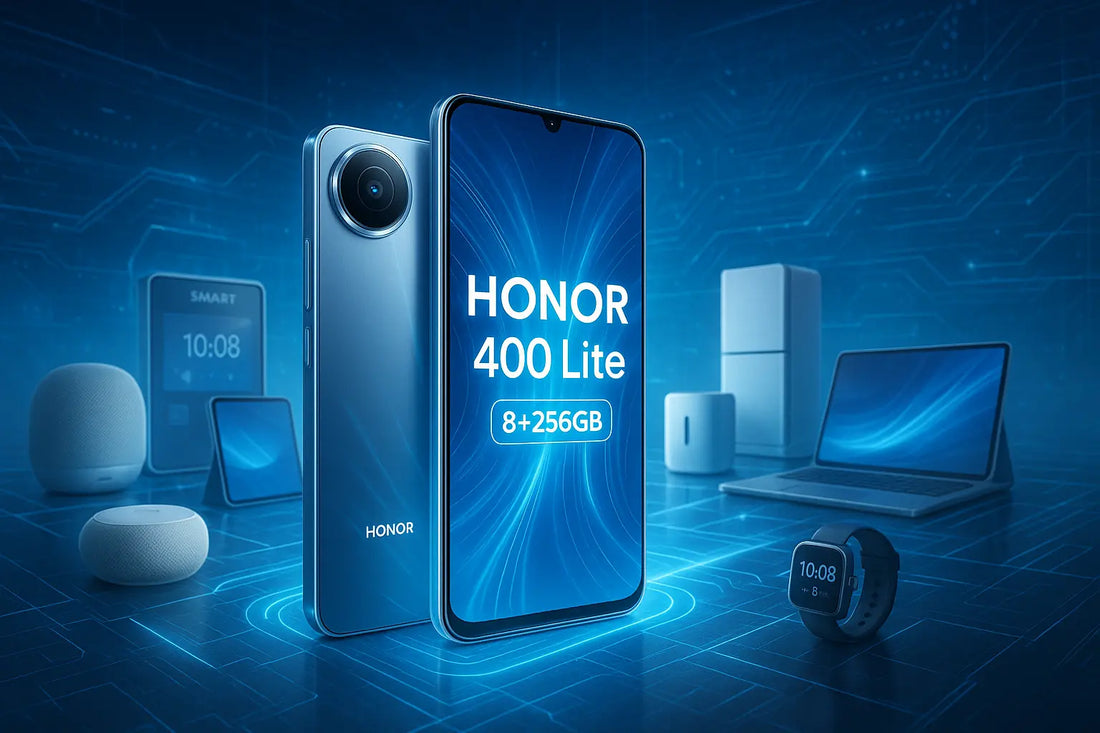 Smartphone Honor 400 Lite con 8GB di RAM e 256GB di spazio, circondato da dispositivi tecnologici