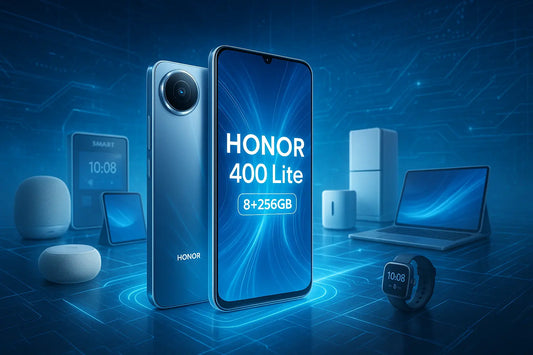 Smartphone Honor 400 Lite con 8GB di RAM e 256GB di spazio, circondato da dispositivi tecnologici