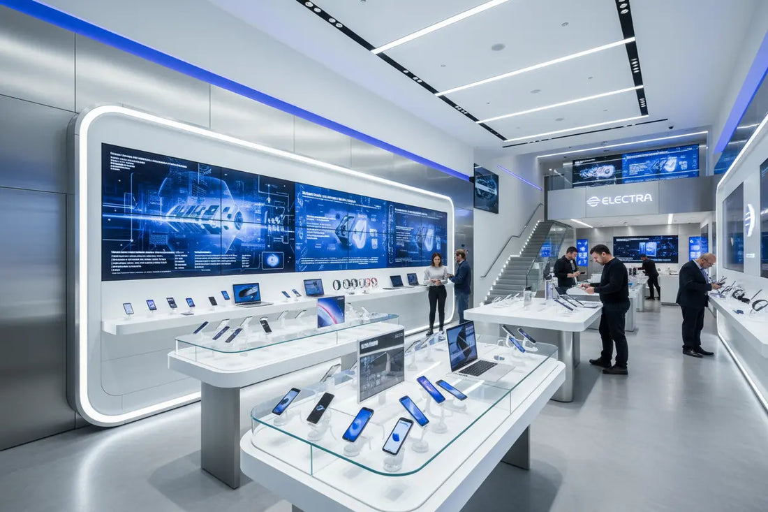 Negozio di elettronica con esposizione di novità tecnologiche e dispositivi moderni
