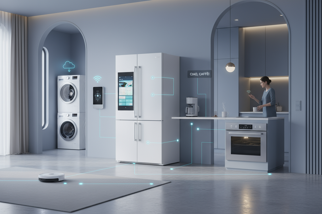 Cucina moderna con elettrodomestici intelligenti come frigorifero, lavatrice e forno