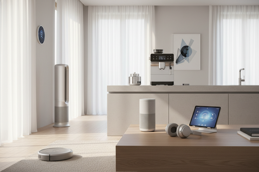 Interno moderno con robot aspirapolvere e dispositivi di elettronica domestica eleganti