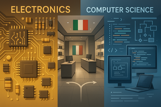 Stanza espositiva di elettronica con schede circuitali e computer, elementi di scienza computazionale