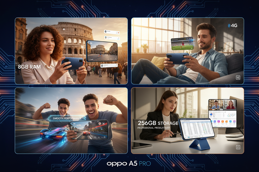 Immagine del OPPO A5 Pro con 8GB di RAM e 256GB di spazio di archiviazione, mostrando usi vari