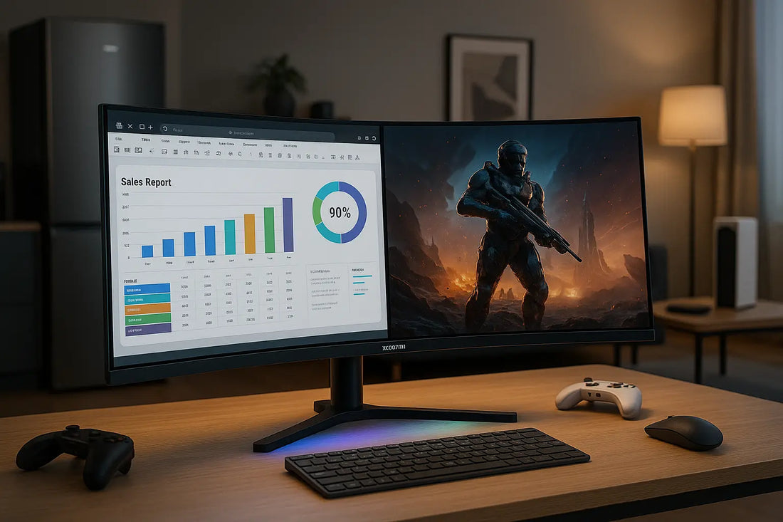 Monitor Xiaomi G34WQi con report di vendita e immagine di gioco in un ambiente moderno