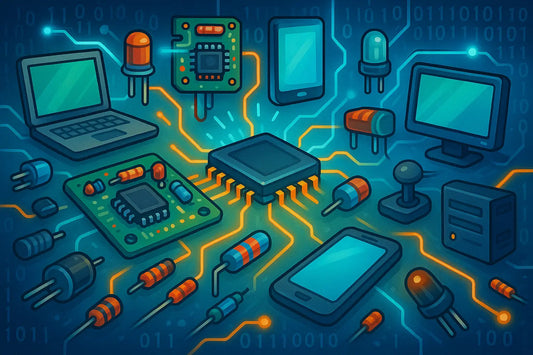 Illustrazione di componenti elettronica come circuiti, laptop e dispositivi digitali su uno sfondo tecnologico