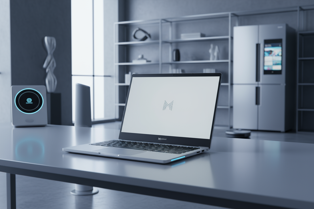 Laptop Microtech CoreBook Lite posizionato su un tavolo in un moderno ambiente domestico