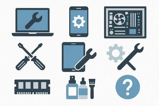 Icone di strumenti e dispositivi per FAQ sulla manutenzione di apparecchi elettronici