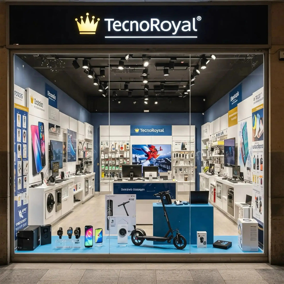 Negozio TecnoRoyal con promozioni TecnoRoyal e prodotti elettronici in esposizione