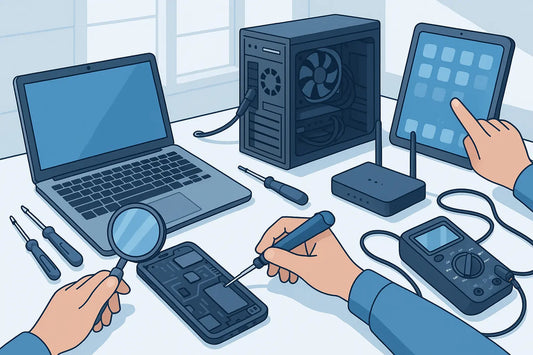 Dispositivi elettronici e attrezzi per la riparazione su un tavolo di lavoro ben organizzato