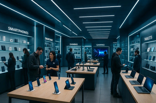 Interno di un negozio di elettronica con esposizione di smartphone e tablet moderni 