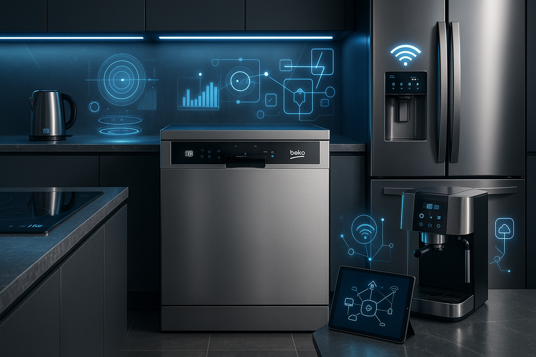 Innovazione in Cucina con elettrodomestici moderni come lavastoviglie e frigorifero in un ambiente elegante