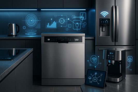 Innovazione in Cucina con elettrodomestici moderni come lavastoviglie e frigorifero in un ambiente elegante