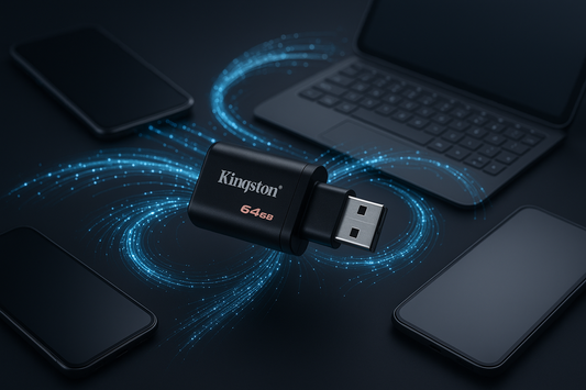 Kingston Pendrive da 64GB circondato da smartphone e laptop, evidenziando la connettività senza fili