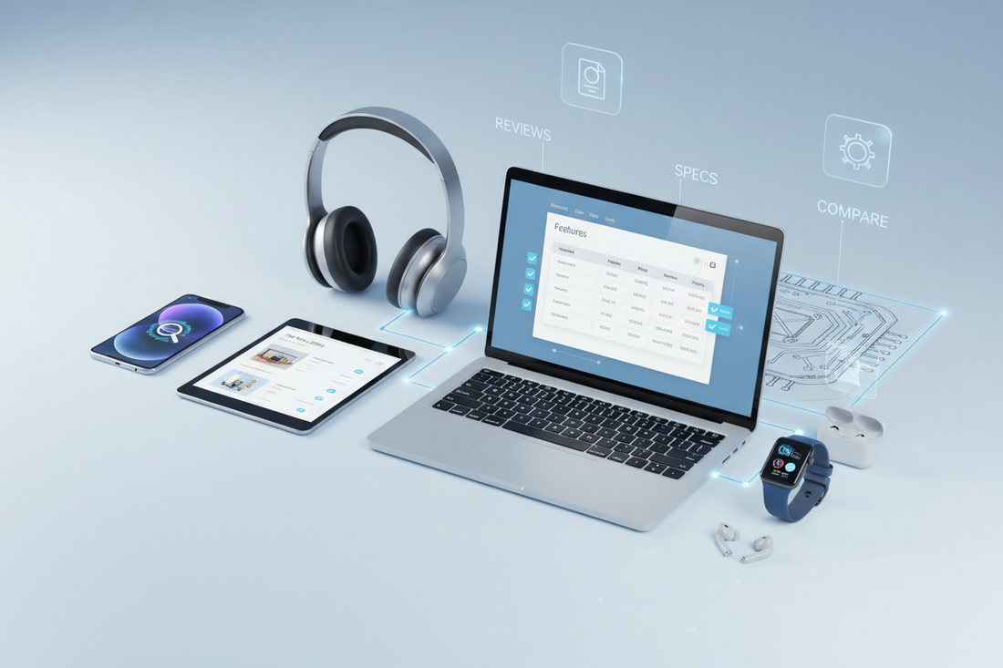 Dispositivi elettronici come laptop, tablet, cuffie e smartwatch per una guida negozio elettronica