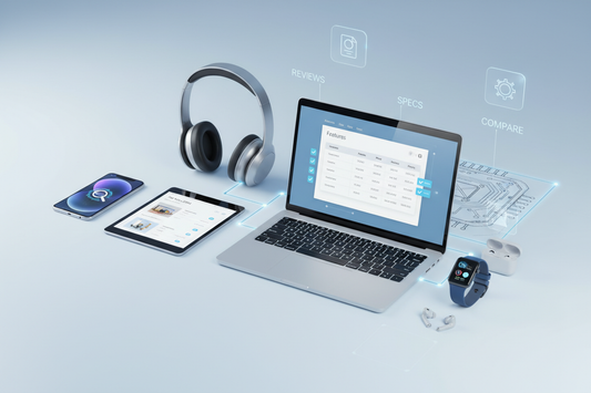 Dispositivi elettronici come laptop, tablet, cuffie e smartwatch per una guida negozio elettronica