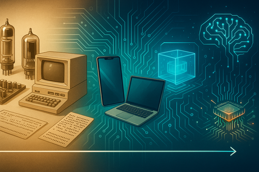 Evoluzione dell'elettronica con computer vintage, smartphone e laptop su sfondo futuristico
