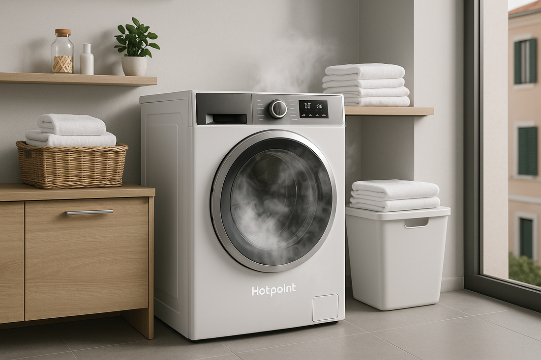 Lavatrice moderna Hotpoint nella lavanderia che migliora la vita domestica con efficienza e stile