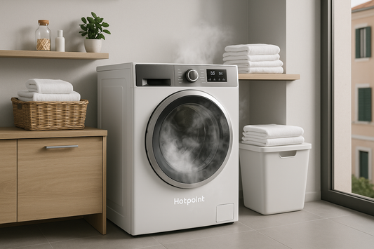 Lavatrice moderna Hotpoint nella lavanderia che migliora la vita domestica con efficienza e stile