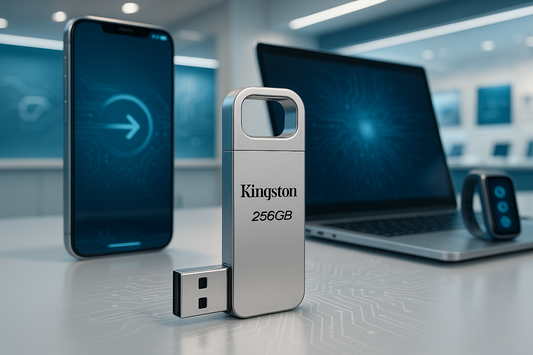 Pendrive Kingston da 256GB posizionato su un tavolo accanto a un laptop e uno smartphone