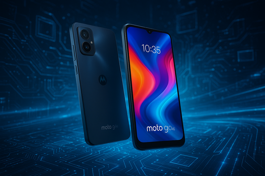 Smartphone Moto G04s con design elegante e display vivace illumina il suo sfondo tecnologico