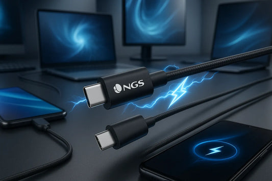 Cavo Usb-C NGS che ricarica rapidamente dispositivi tra computer e smartphone moderni