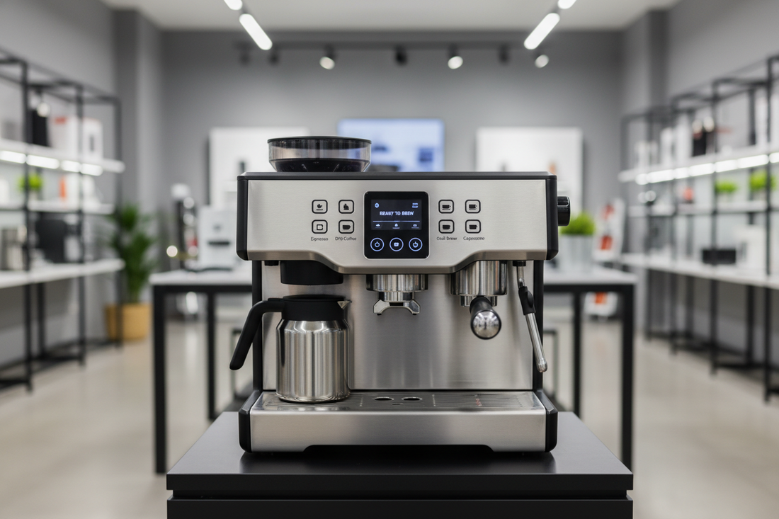 Macchina da caffè moderna con display digitale e accessori in un ambiente elegante