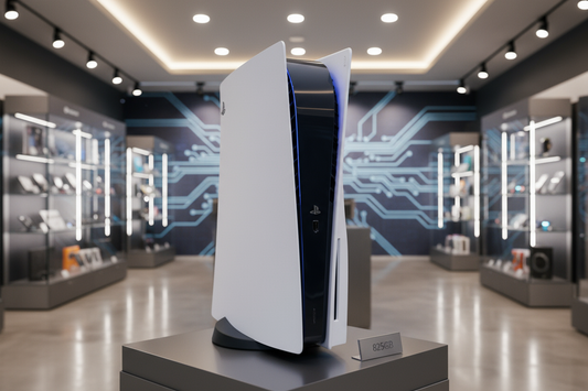 Console PS5 esposta in un negozio moderno con accessori di ultima generazione