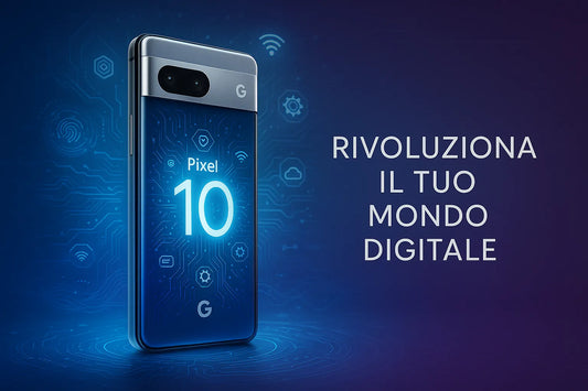 Google Pixel 10 con design futuristico e illuminazione blu su sfondo digitale