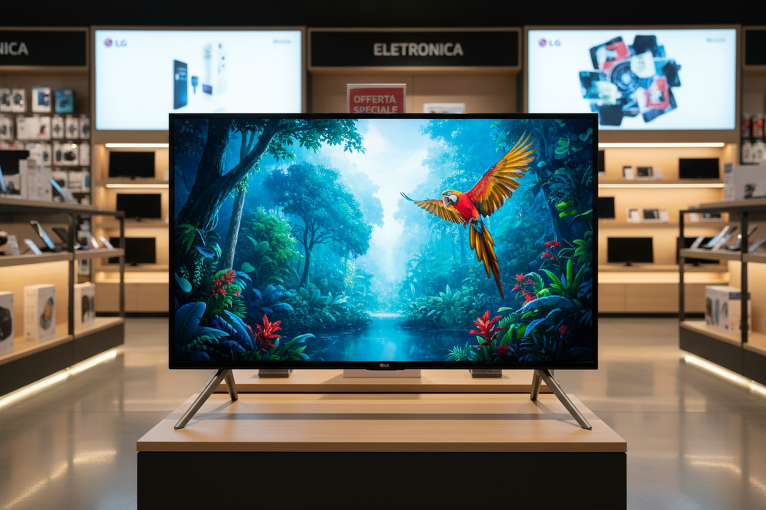 Televisore LG 32' LED in esposizione con immagine vivace di natura e uccelli colorati