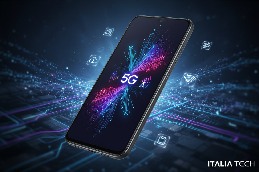 Smartphone Samsung SM-A266 con tecnologia 5G e grafica futuristica in background