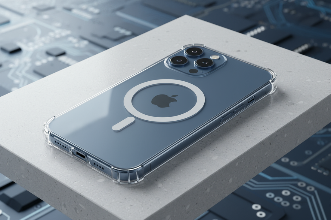 Custodia Trasparente MagSafe per smartphone, evidenziando il design elegante e la compatibilità elettronica