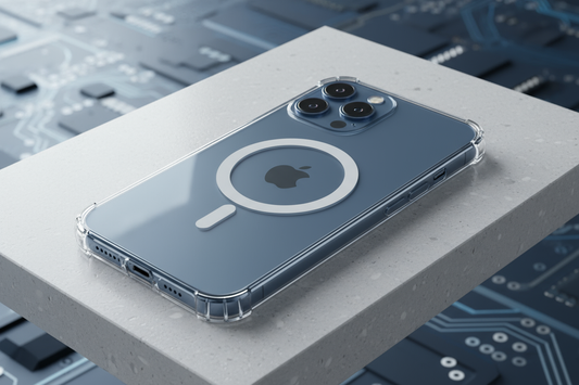 Custodia Trasparente MagSafe per smartphone, evidenziando il design elegante e la compatibilità elettronica