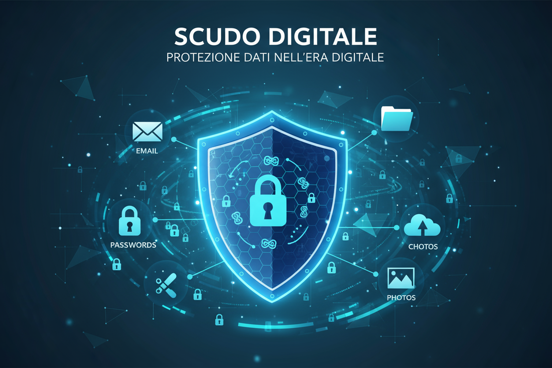 Scudo digitale per proteggere i tuoi dati nell'era digitale con icone di sicurezza