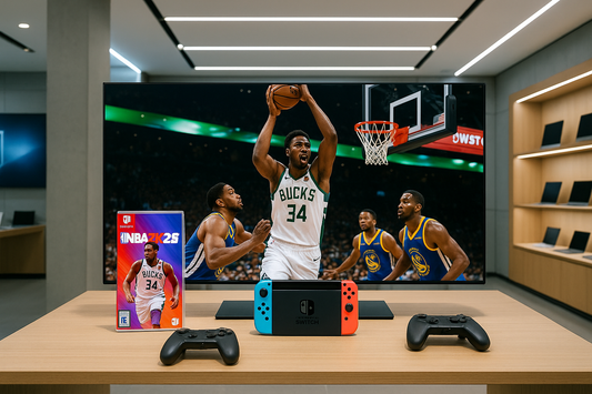 Console Nintendo Switch con NBA 2K26 e partita di basket sullo schermo in un ambiente moderno