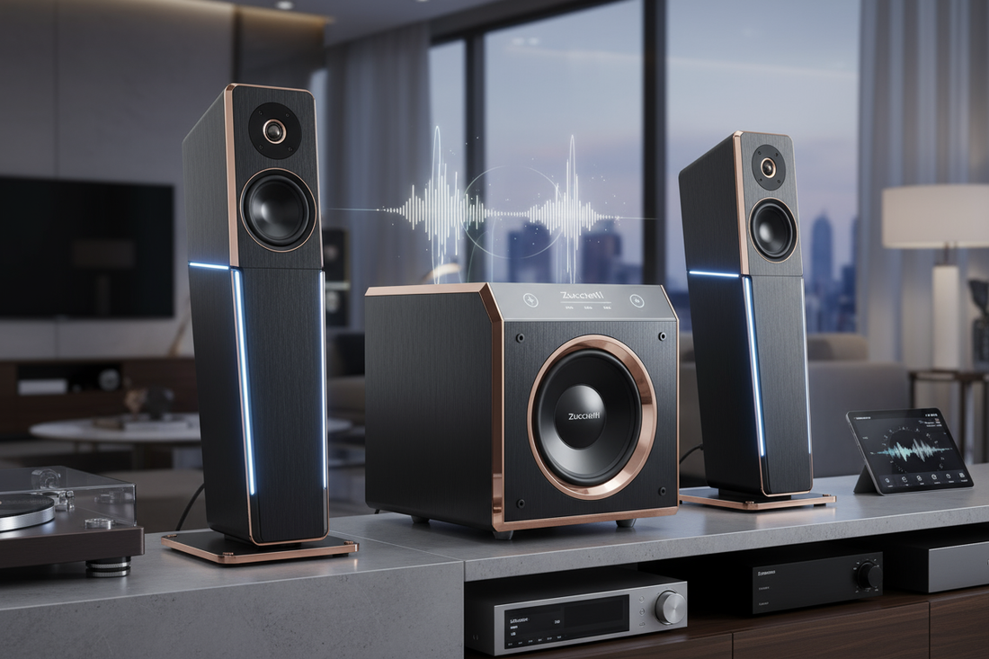 Sistema audio moderno con Zucchetti Speaker e subwoofer per un suono avvolgente e di alta qualità