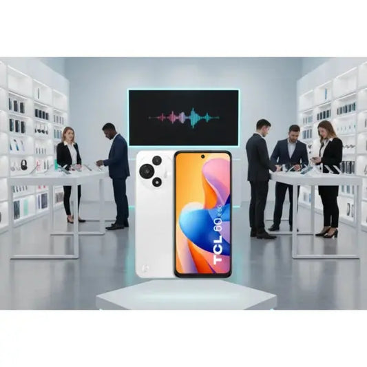 Smartphone TCL in bianco con schermo da 6,67 pollici esposto in un negozio moderno di tecnologia