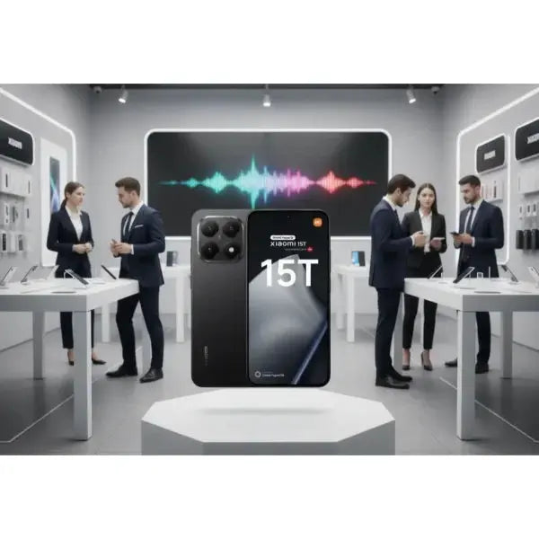 Xiaomi 15T smartphone in un negozio moderno con professionisti che interagiscono