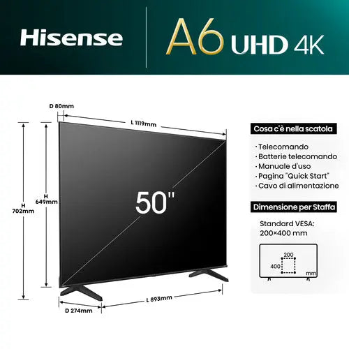 HISENSE TV 55" LED ULTRA HD 4K SMART DVB/T2/S2 55A6N IT Hisense