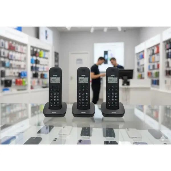 Tre telefoni cordless Brondi in esposizione con basi di ricarica in un negozio di elettronica