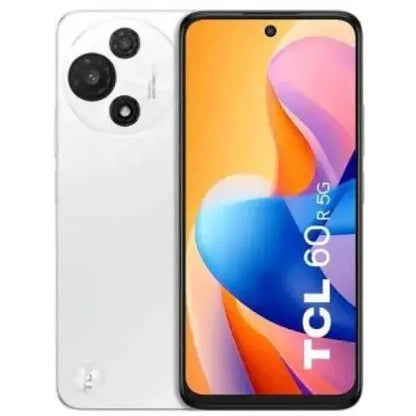 Smartphone TCL 60 R 5G in bianco con fotocamera a triplo obiettivo e display vivace